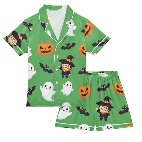 Satin Pajama Sets Short Sleeve Halloween Themed Cute Characters Button Down Silky Nightwear 2 Piece PJS 5-14Y