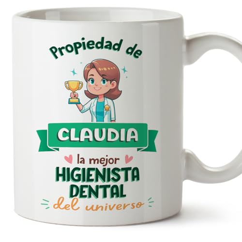 MUGFFINS Tazas Personalizadas para HIGIENISTA DENTAL mujer - En Español - Propiedad de - 11 oz / 330 ml - Regalo Personalizable original y divertido