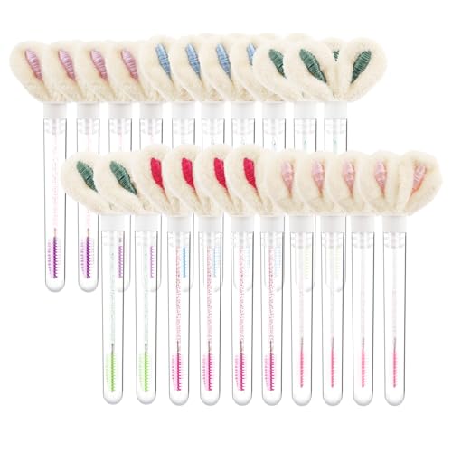 Mekupeu 20pcs Disposable Glitter Cleaning Spoolie Brushes Empty Mascara Wands Tubes Faux Fur Ball Keyring Makeup Tool Applicator Set (Style#5)