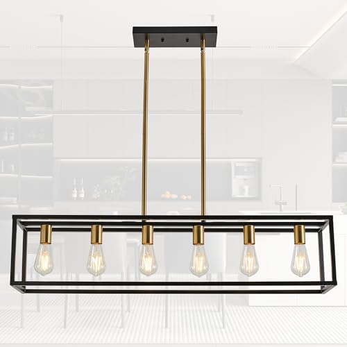 HQZBPT Rectangle Chandeliers Kitchen Light Fixtures Farmhouse Dining Room Light for Dining Rooms,Black&Brushed Brass Light Fixture Matte 6-Light Industrial Pendant Lighting