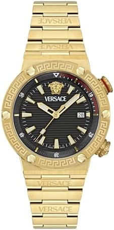 Versace Greca Logo Diver Collection Luxury Mens Watch Timepieces with a Gold Bracelet and Case Featuring a Black Dial