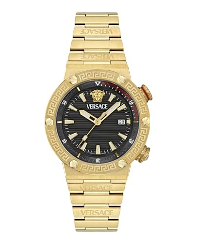 Versace Greca Logo Diver Collection Luxury Mens Watch Timepieces with a Gold Bracelet and Case Featuring a Black Dial