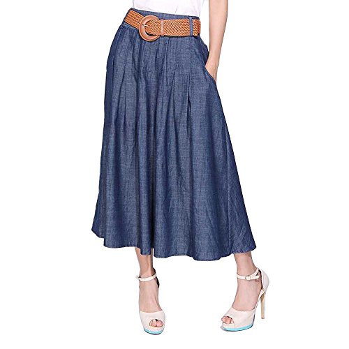 Kaachli Women's Denim Skirt Thin Blue Cotton Midi Calf Pocket Fall Skirt with Belt (2XL)
