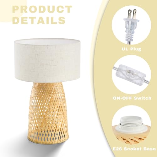 Image of Boho Bamboo Table Lamp, Handwoven Bedside Lamp with Linen Shade, Small Natural Weave Nightstand Light for Living Room, Tea Room, Desk,Beige