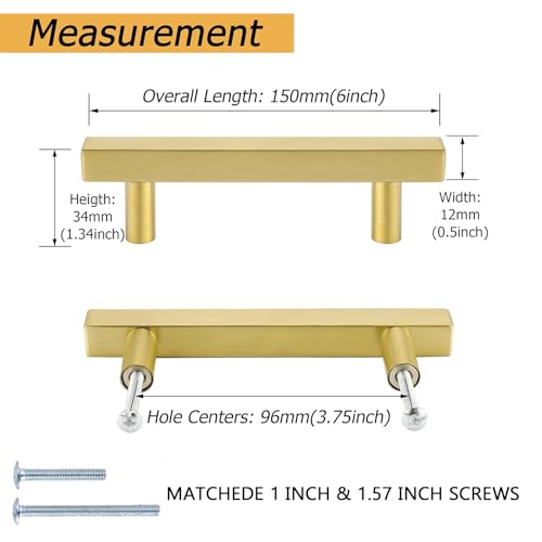 Goldenwarm 5 Pack Gold Cabinet Handles 3-3/4"(96mm) Brushed Brass Cabinet Pulls T Bar Drawer Pulls for Kitchen Cupboard & Drawer Hardware