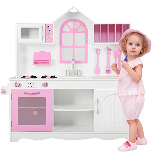 COSTWAY Cucina Giocattolo per Bambini, Cucina Legno per Bambini con Forno, Microonde, Lavello e Rubinetto, con Accessori da Cucina, per 3+ Anni