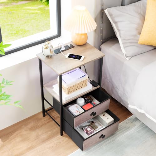 LOAKEKEL Night Stands Set 2, Bedside Table with Charging Station and LED Light, Nightstand with 2 AC Outlets and USB Ports, End Table with 2 Fabric Drawers for Bedroom, Living Room, Grey, HETS02PGY by LOAKEKEL - Image 6