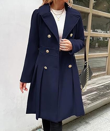 Image of Sexyshine Women's Double Breasted Trench Coat Notch Lapel A-Line Slim Flared Pleated Wool Blend Pea Coat with Pockets