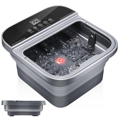 Heated Foot Spa, Collapsible Foot Bath Roller Massager with Heat, Bubble, and Temp Control, Electric Foldable Foot Massager with Remote