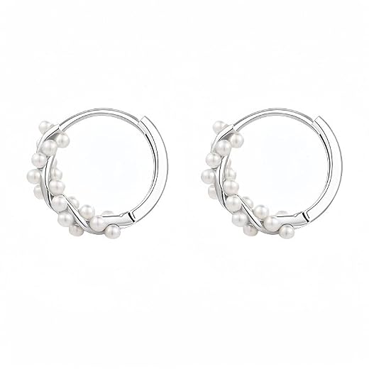 Perlen Sterling Silber Creolen mit Gedrehten Perlen für Frauen - 925 Sterlingsilber und Kunstperle, Braut Ohrringe für Mädchen Perlenschmuck (Silber)
