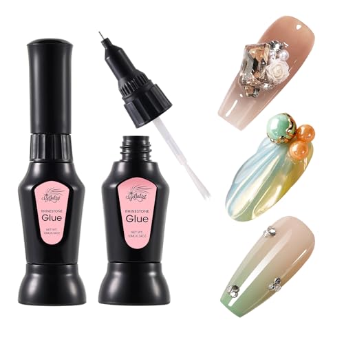 GELLAKTIK 2 Pcs Rhinestone Glue for Nails: 2x10ml Super Strong Adhesive Nail Glue for 3D Nail Art Design,Updated with Brush Pen Tip Precise for Nail Charms Gems Jewels Diamonds Decorations Cured