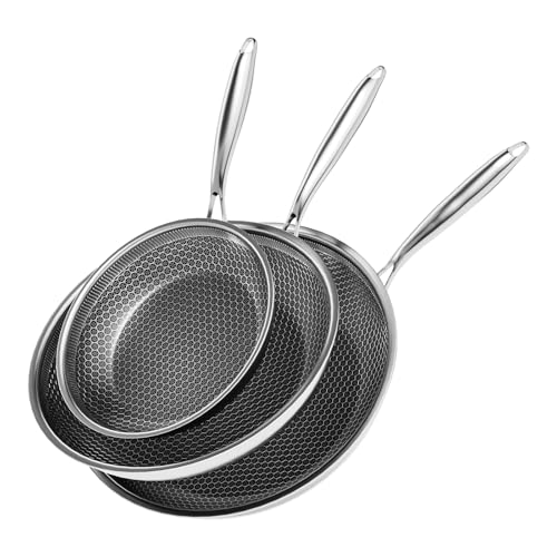 XBM Honeycomb Stainless Steel Nonstick Frying Pan with Lid Set (No Lid Included), Induction Cooktop Compatible Skillet, PFOA-Free Scratch-Proof, Dishwasher & Oven Safe, Silver Kitchen Cookware