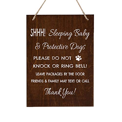 Image of LifeSong Milestones Sleeping Baby Protective Puppies Baltic Birch Rope Hanging Sign for Front Door - Do Not Knock or Ring Doorbell - Quiet Entry for House New Home Decor - 8x10 (Walnut)