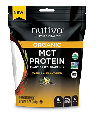 Nutiva Organic MCT Protein Plant-Based Shake Mix, Vanilla, 13.76 Oz, USDA Organic, Non-GMO, Non-BPA, Vegan, Gluten-Free, Keto & Paleo, 6g MCTs & 20g Clean Protein