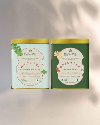 Image of Makaibari Holiday Edition : Ginger Spice Green Tea & White Peppermint Bark | Usda Certified Premium Tea | Anti-Oxidants, Immunity Booster | Tin Caddy, 125 Grams