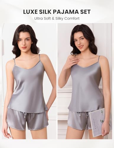 Image of THXSILK Silk Women's Pajama 2 Piece Set 6A+ Grade 100% Mulberry Silk Nightgown Soft Luxury V Neck Cami Shorts Sets Sleepwear