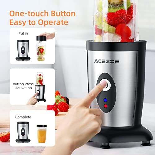 Blender Smoothie Maker, Acezoe 5 in 1 Smoothie Blender, One-button Start, with 6-leaf Stainless Steel Blade & 2x500ml Portable Bottle & 300ml Grinding Cup, for Juice, Smoothie, Shakes and Baby Food