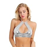 ranrann Women Halter Shiny Metallic Crop Top Sexy Lingerie Cut Out Bikini Tank Vest Rave Bra Silver One Size