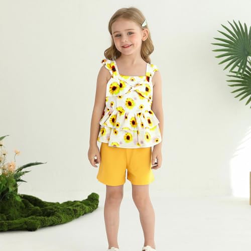 Image of Baby Girls Clothes Sleeveless Ruffle Bowknot Dress Top Toddler Floral Tops and Shorts Pants Sets Summer Outfit