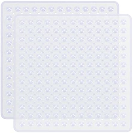 Lesolar 2 PCS Square Shower Mat Non Slip Anti Mould Machine Washable Bath Mat with Suction Cups Anti Slip Bathroom Mat with Drain Holes for Inside Shower 53 x 53cm Clear