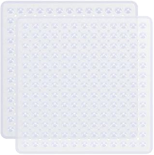 Lesolar 2 PCS Square Shower Mat Non Slip Anti Mould Machine Washable Bath Mat with Suction Cups Anti Slip Bathroom Mat with Drain Holes for Inside Shower 53 x 53cm Clear