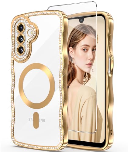 DagoRoo Magnetic Samsung Galaxy A17 �P�[�X+�X�N���[���v���e�N�^�[�A�������b�L�S�[���h�E�F�[�u�t���[���G�b�W�O���b�^�[�_�C�������h[�t���J�����ی�]�N���X�^���N���A�\�t�gTPU�ϏՌ��J�o�[ A17-�S�[���h