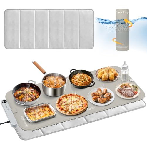Homelove Warming Mat for Food - Electric Warming Tray with 6-Level Temperature and Hours Setting, Full Surface Graphene Heating, Waterproof Dishwasher-Friendly Food Warmer for Parties, Kitchen (Khaki)