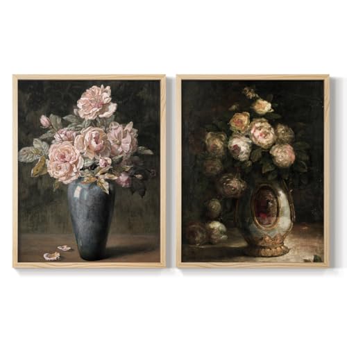 Renditions Gallery Set of 2 Peel & Stick Framed Prints, Abstract Landscape Wall Art, Rose Bouquet In Vase Wall Decor, Re-Stickable - Ready to Hang - 8"x10" - Natural Frame GAL048