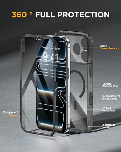 Image of Miracase for iPhone 17 Pro Max Case 6.9 inch Full-Body Phone Case with Built-in Glass Screen Protector& Full Camera Protector,[Magnetic with MagSafe] Drop Proof 17 ProMax Cover, Clear Black