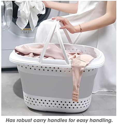 Oval Collapsible Laundry Plastic Basket With Handles- 30L Foldable Laundry Basket Pop Up Clothes Laundry Basket 51x39x30cm, Gray