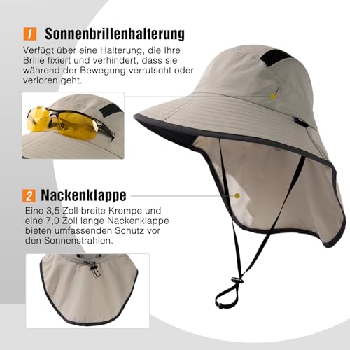 TOP-EX XL/XXL Unisex Sonnenhut Herren Breite Krempe Sonnenschutzhut mit Nackenschutz Sonnenbrillenhalter Outdoor Safari Sommerhut Wasserdicht & Faltbar Hellgrau L/XL