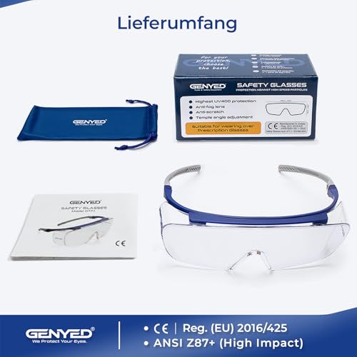 GENYED Schutzbrille für Brillenträger, Sicherheits-Überbrille, kratzfest, beschlagfrei, UV400-Gläser, verstellbare Bügel, Wrap-around, Sicherheitsbrille
