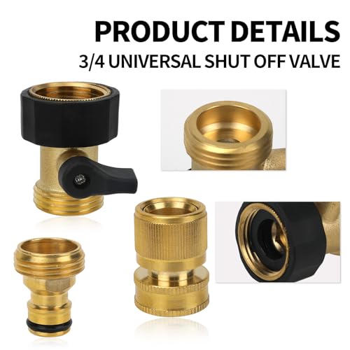 lasuroa Garden Hose Shut Off Valve & 2pcs Quick Connectors, 3/4 Inch Brass Female Male Adapter Fittings Water Shutoff Valve with Washer, Garden Hose Accessories
