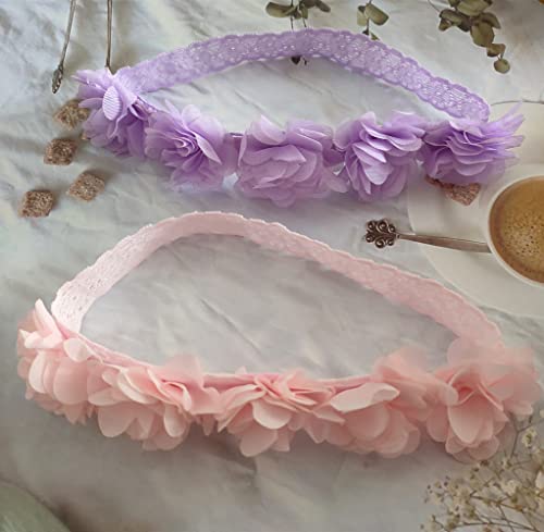 Jilukibo Baby Elastic Lace Bows Flower Headbands, Stretch Gold Princess Floral Hair Band Headwear For Infant Girls Toddler Hair Accessories (2 Pack, Purple Pink) #TOP4