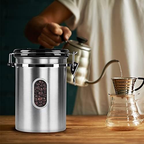 1KG Airtight Canister with Date Tracker & Transparent Window, 2.8L Stainless Steel Coffee Storage Canister, 35OZ Food Storage Container, Tea&Coffe Storage Jar with 30ML Measure Spoon and 4CO2 Valve