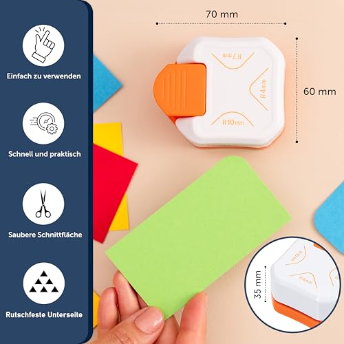 Eckenstanzer - für Radius 4, 7 und 10 mm - Orange + Weiß - für Laminierfolien, Papier, Karten, Fotos, Handouts, Urkunden und Dokumente - 3in1