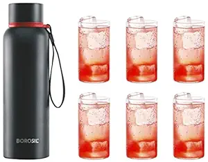 Borosil Stainless Steel Hydra Trek - Vacuum Insulated Flask Water Bottle, 850 ML, Black & Borosil Vision Glass Set, 350 ml, Set of 6, Transparent, 6 Count (Pack of 1)
