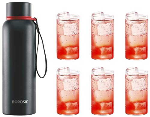 Image of Borosil Stainless Steel Hydra Trek - Vacuum Insulated Flask Water Bottle, 850 ML, Black & Borosil Vision Glass Set, 350 ml, Set of 6, Transparent, 6 Count (Pack of 1)