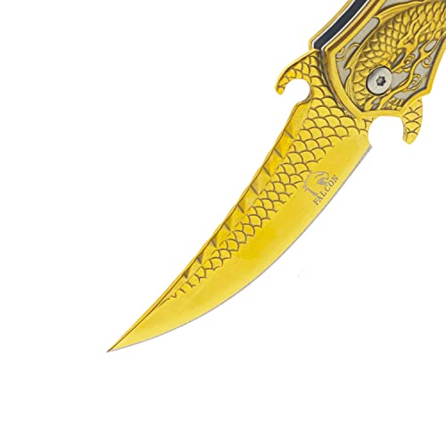 Falcon 8" Dragon Scale Engraved Stainless Steel Trailing Point Folding Pocket Knife, Great For Collectors And Gifts #TOP4