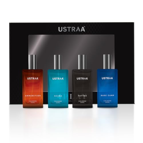 Image of Ustraa 4Play Mini Cologne Gift Set for Men | 4x20ml Perfumes - Tattoo, Basecamp, Scuba & Ammunition | Premium, Long-Lasting Fragrance Collection | Gift Pack for Him