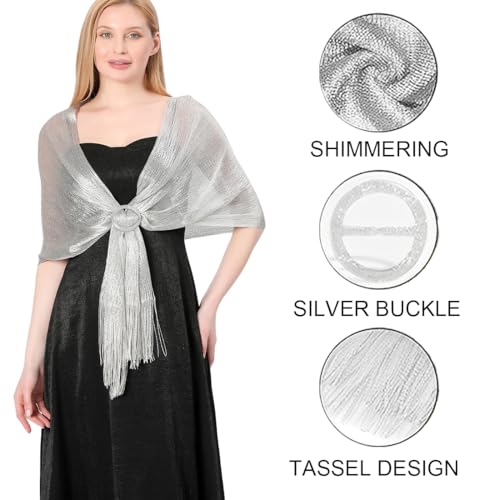 Funkelnde metallische Tücher und Wickel, Schimmernder Schals und Wraps mit Fransen Schal Silberner Schal für die Abendparty Formale Kleider Hochzeit Brautjungfer (mit kostenloser Schalschnalle)