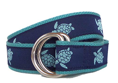 Mens Teal Sea Turtle D-Ring Style Belt, Ribbon Belt, Classic Mens Belt, Nautical Ribbon Belt on Teal Webbing