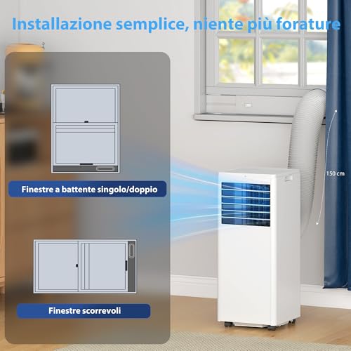 Homcom Condizionatore Portatile 5000BTU/H, 1.5Kw 4 In 1 Climatizzatore Portatile Classe A, Raffreddamento, Deumidificazione, Ventilatore, Modalità Sleep, Telecomando, Display, Timer24H, Copertura 12M² - 8