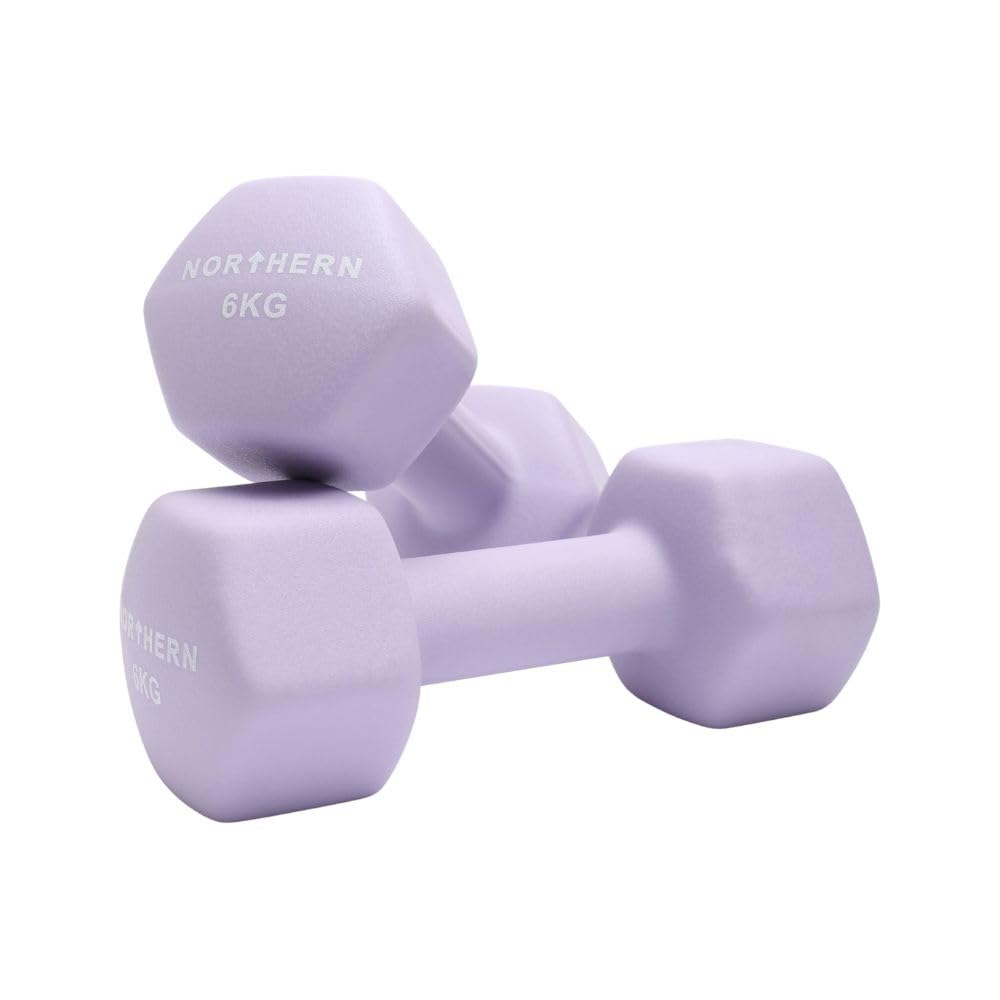 Northern Soft Lavender Neoprene Hex Dumbbells Pair, 1kg–8kg Hand Weights for Home Gym Strength Training, Non-Slip Hexagonal Dumbbells for Fitness, Aerobics, Yoga & Toning (6kg x 2)