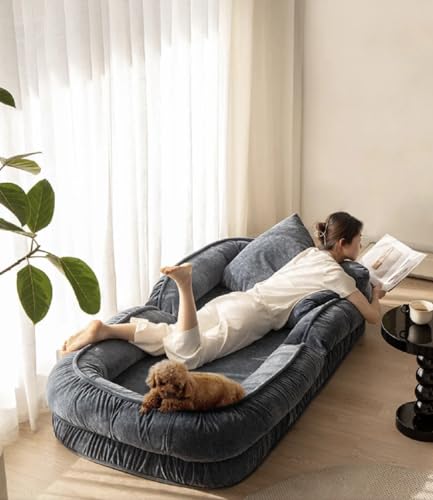 Image of 1 Seater Luxurious Human Dog Bed for People and Adults|Cotton Recliner Lounge Style Soft Human Dog Sofa with Plush Cushioning for Reading and Relaxation (Velvet, Smoke Grey)