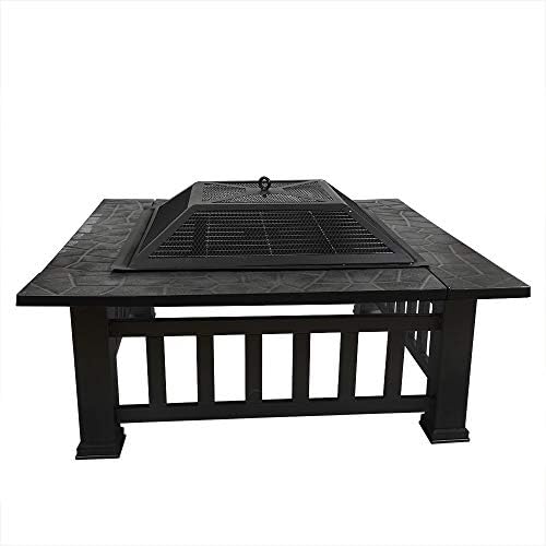 DAWOO Fire Pit with BBQ Grill Shelf,Barbecue Brazier,Table Brazier Garden Patio Heater/BBQ/Ice Pit with Waterproof Cover (3 in 1Fire Pit Table & Grill) (square)