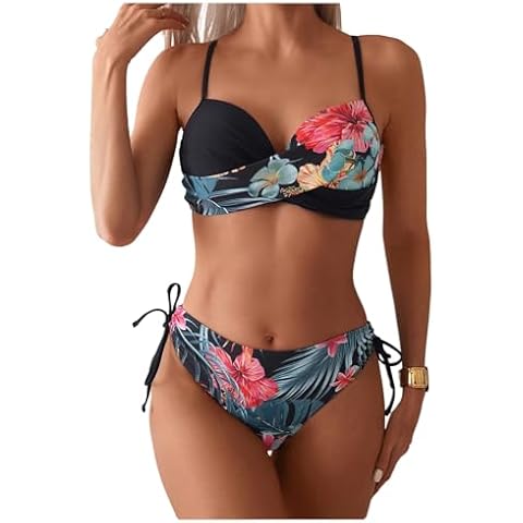 GORGLITTER Women's Push Up Bikini Set Underwire Floral Tie Side Hipster Swimsuits 2 Piece Swimwear Black Large Cover