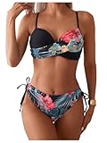 GORGLITTER Women's Push Up Bikini Set Underwire Floral Tie Side Hipster Swimsuits 2 Piece Swimwear Black Medium