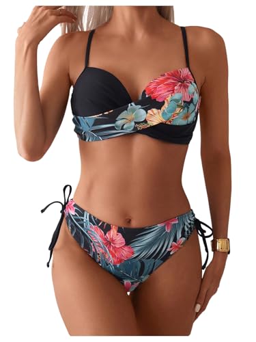 GORGLITTER Women's Push Up Bikini Set Underwire Floral Tie Side Hipster Swimsuits 2 Piece Swimwear Black Large