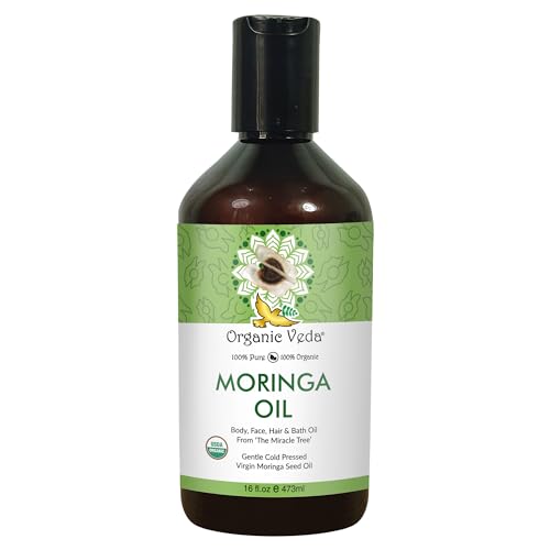 Organic Veda Moringa Oil - Pure Cold Pressed Organic Moringa Seed Oil - Natural Face Oil for Women, Moisturizing Hair Oil - Virgin Moringa Oleifera Oil for Skin, Body, Scalp Care & Nails - 16 fl.oz -  AGF, MSO